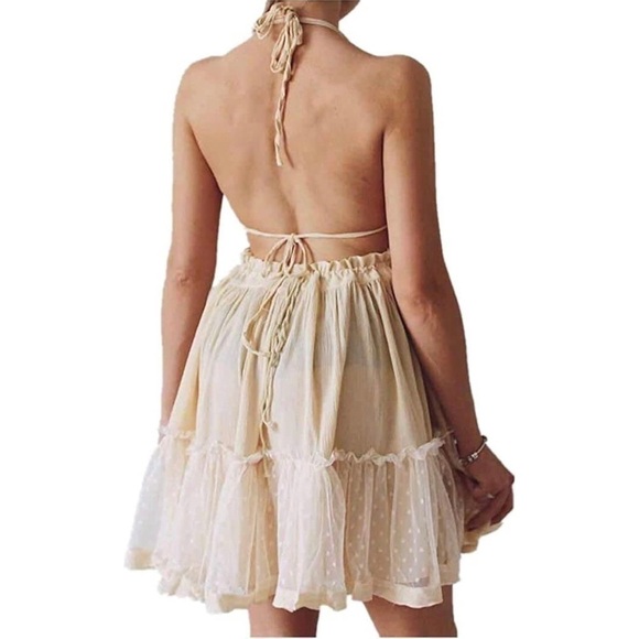 ForeMode Beige Plunge V-Neck Backless Halter Mini Babydoll Boho Dress Size XL - Picture 5 of 11